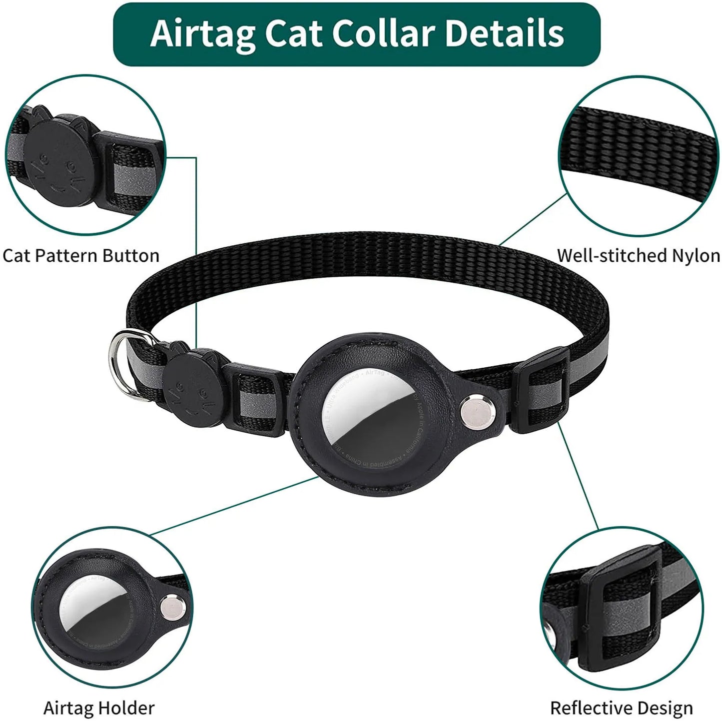 Adjustable Waterproof Cat Collar with Airtag Holder, Breakaway Design, Reflective Strips, and Bell - Perfect for Kittens!