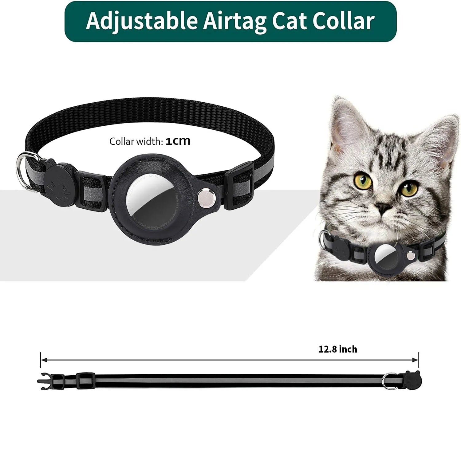 Adjustable Waterproof Cat Collar with Airtag Holder, Breakaway Design, Reflective Strips, and Bell - Perfect for Kittens!